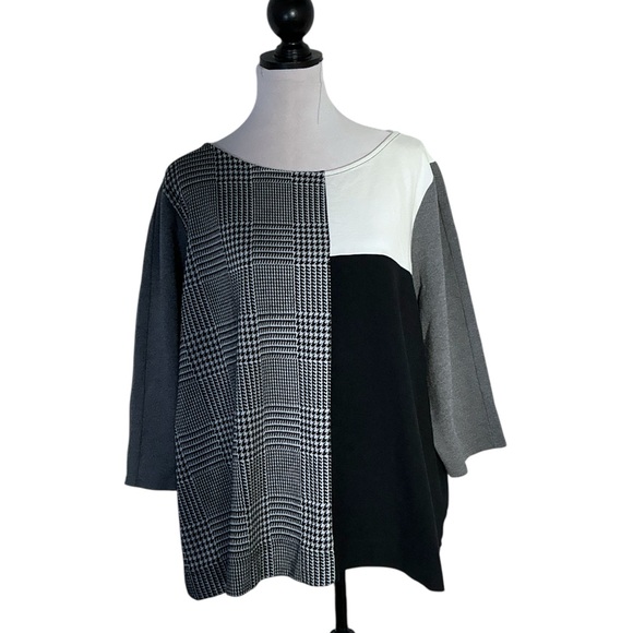Lane Bryant Top Black White Color Block Houndstooth Blouse 3/4 sleeve 22/24 - Picture 3 of 16